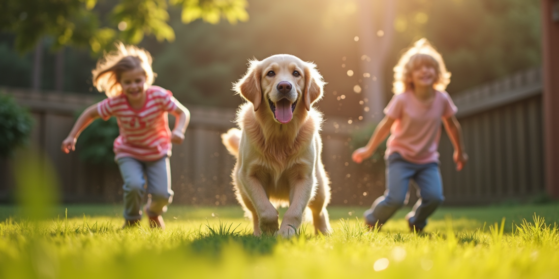 Labrador à poil long jouant avec des enfants dans le jardin