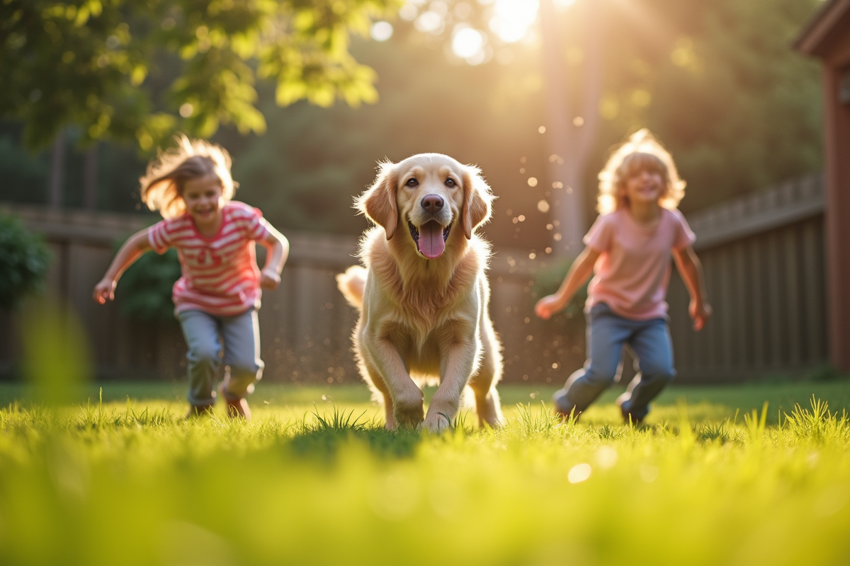 Labrador à poil long jouant avec des enfants dans le jardin