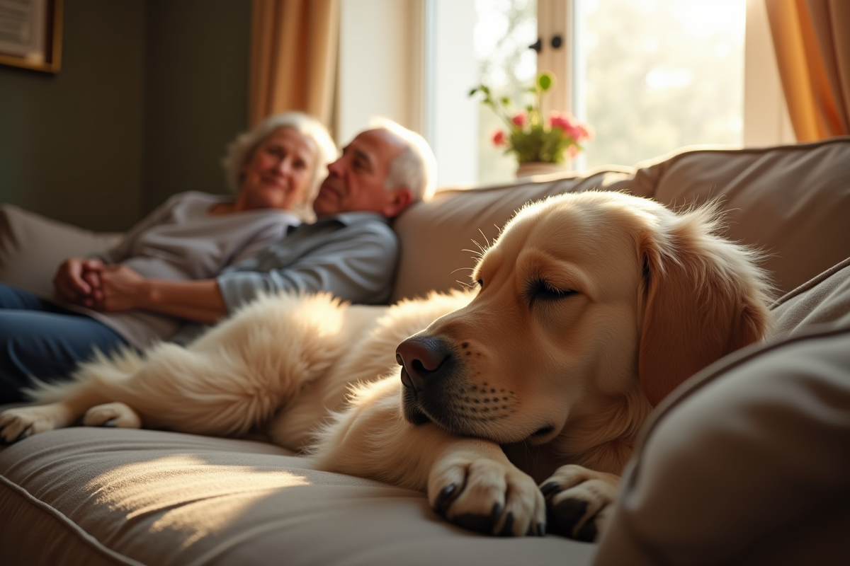 Labrador reposant avec un couple âgé dans le salon