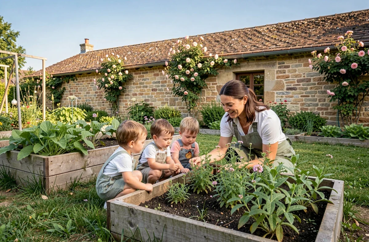 Des enfants et leur éducatrice observent un papillon dans le jardin potager de la micro-crèche Les Choupinettes à Longages