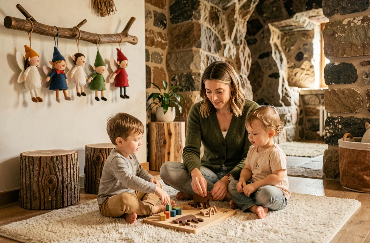 Une éducatrice et deux enfants jouent avec un puzzle en bois sous une décoration de fées artisanales dans la micro-crèche Les Elfes d'Orgnac à Orgnac-l'Aven