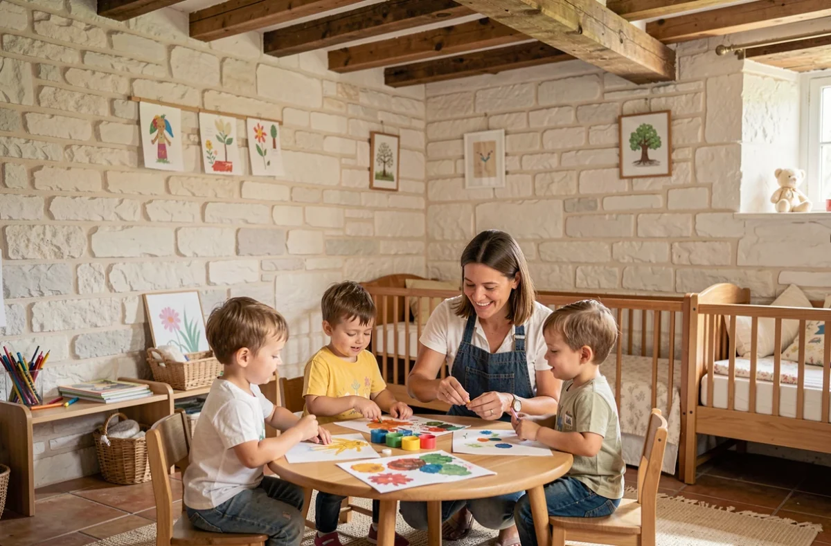 Des enfants font de la peinture aux doigts dans l'ambiance rustique et chaleureuse de la micro-crèche Les Petits Dragons à Sauve