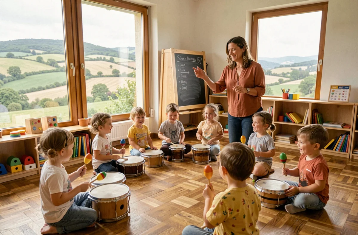 Des tout-petits participent à un atelier musique avec percussions dans la micro-crèche Les Pitchouns du Savès à Rieumes