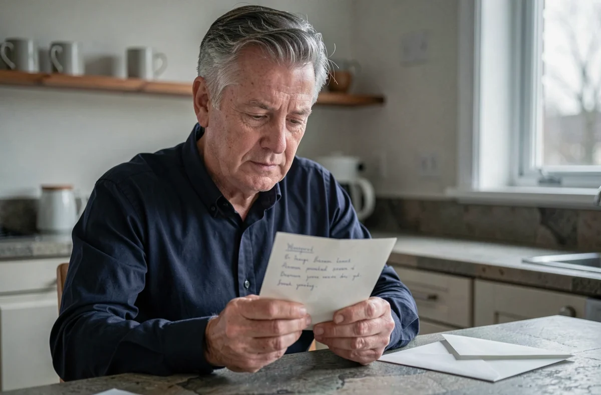 Homme âgé lisant une carte de condoléances manuscrite à la table de cuisine, expression recueillie et touchée