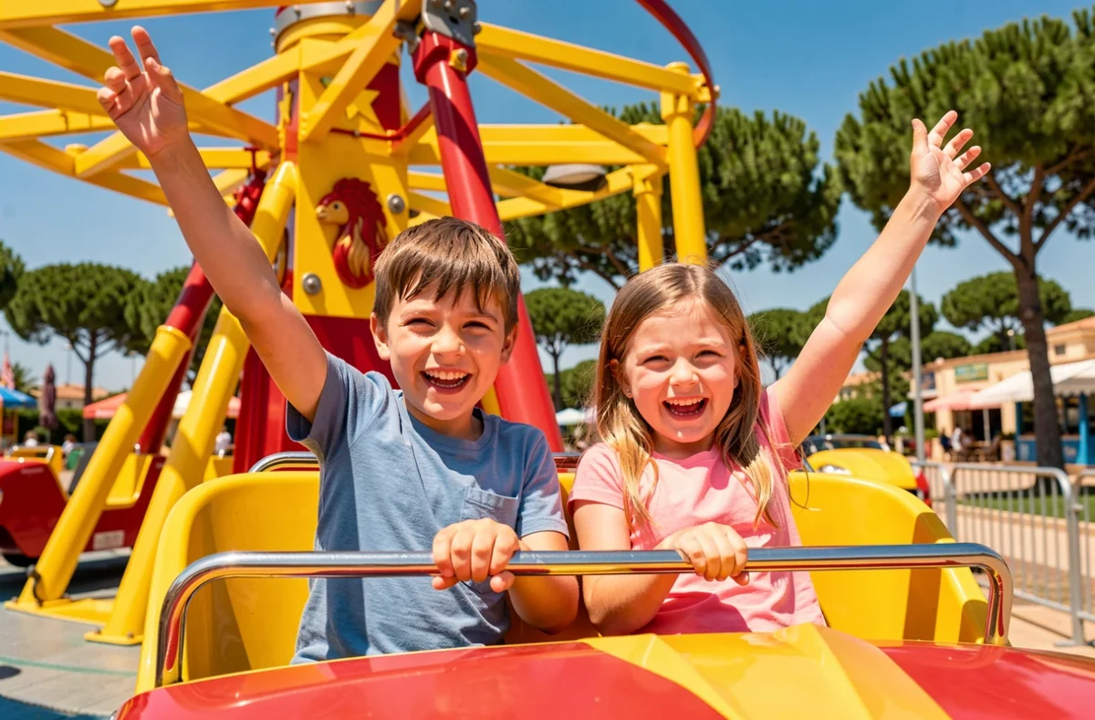 Enfants sur un manège coloré au Magic Park Land à Ensues-la-Redonne