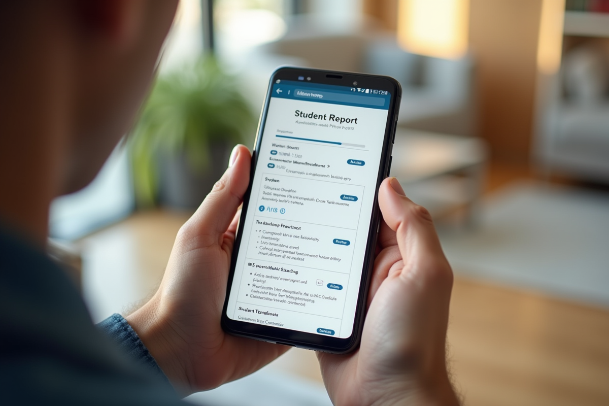 Main adulte tenant un smartphone avec rapport étudiant numérique