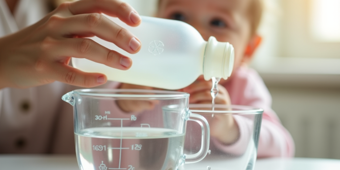 Mains d'une mère tenant un biberon pour bébé avec une tasse doseuse