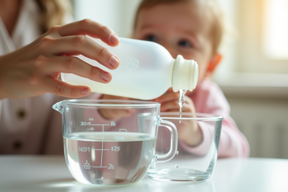 Mains d'une mère tenant un biberon pour bébé avec une tasse doseuse