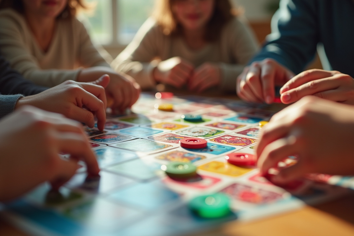 Mains de différentes personnes manipulant des pièces de jeu