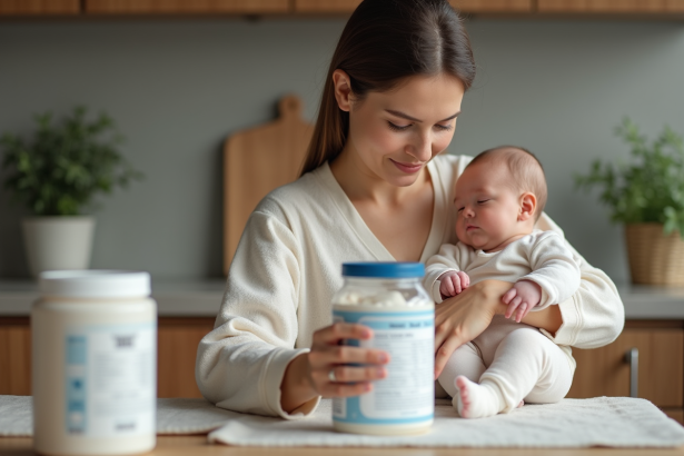 Jeune maman lit une boîte de lait pour bébé dans une cuisine chaleureuse