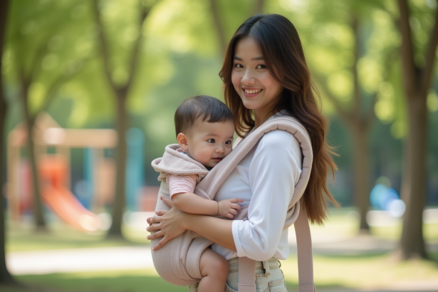 Jeune maman souriante portant son bébé dans un porte-bébé en ville