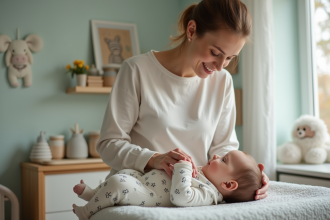 Jeune maman nettoie tendrement son bébé dans la nurserie