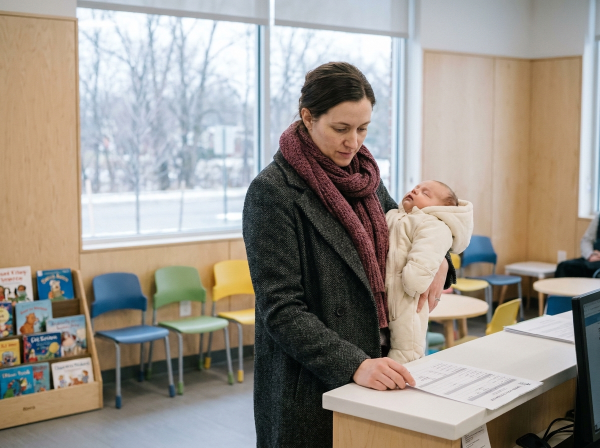 Jeune maman consultant le calendrier des visites médicales de son nourrisson à l'accueil d'une clinique pédiatrique en hiver