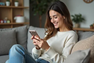 Jeune maman détendue utilisant une application sur son smartphone