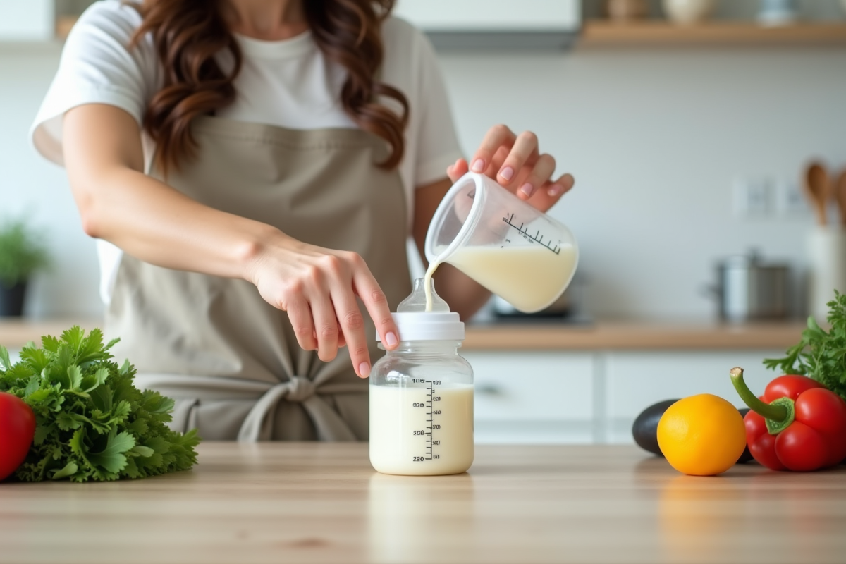 Maman versant 250 ml de lait dans un biberon dans une cuisine lumineuse