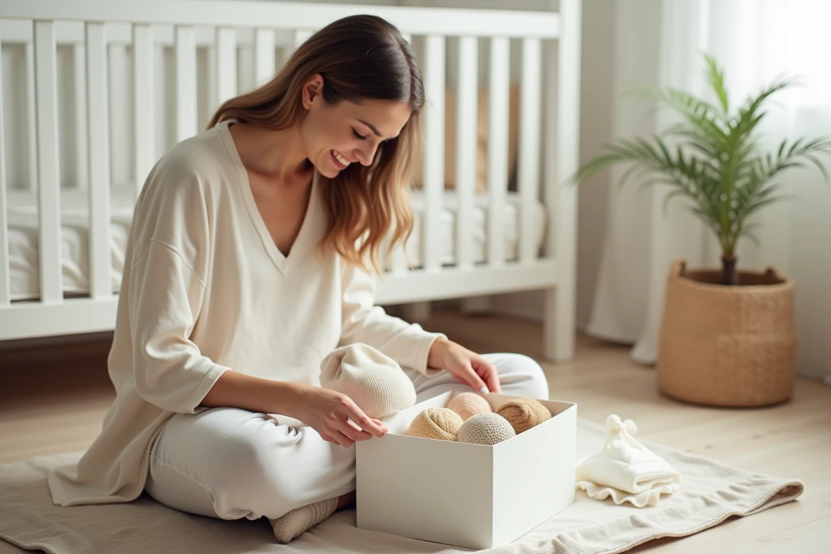Jeune maman découvrant un coffret cadeau naissance gratuit rempli de produits bébé dans une chambre d'enfant scandinave