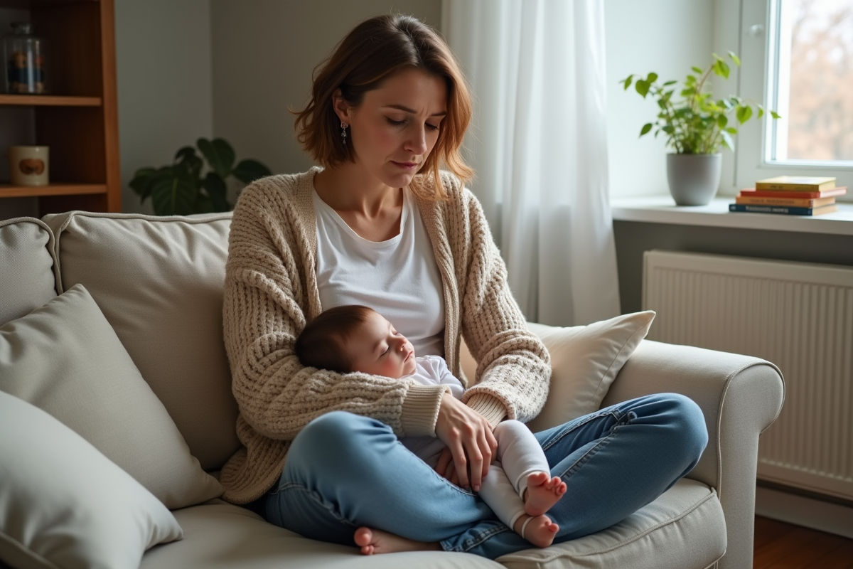 Femme avec enfant endormi dans un salon chaleureux