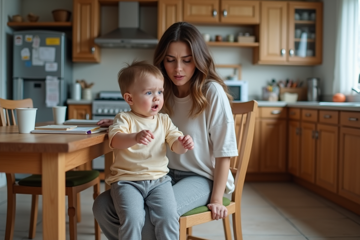 Maman et enfant en dispute dans la cuisine familiale