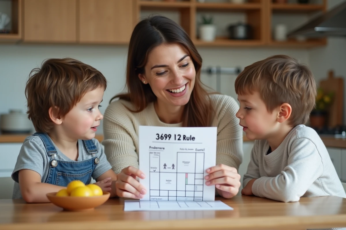 Maman avec ses enfants autour d'un tableau éducatif dans la cuisine