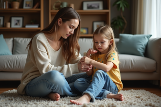 Maman et fille assises sur un tapis douillet dans le salon