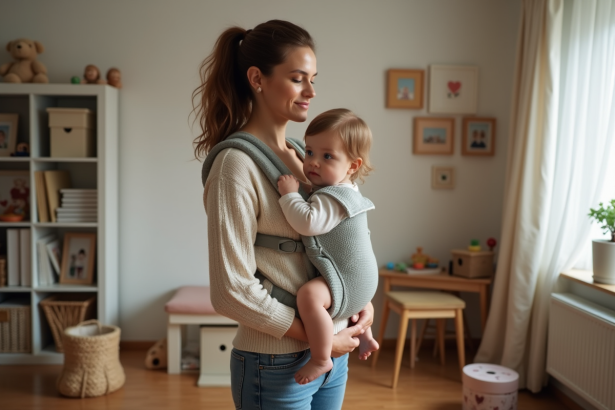 Jeune maman portant son bébé dans un porte-bébé en intérieur