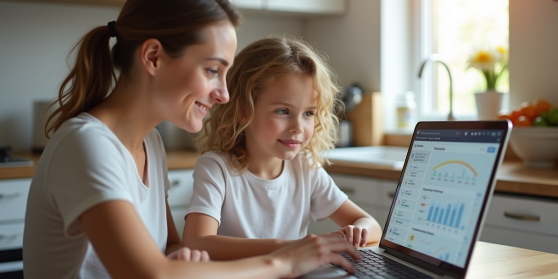 Mère et adolescent regardant un tableau de bord scolaire à la maison