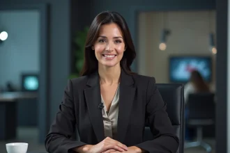 Journaliste française professionnelle assise à un bureau de plateau télévision, illustrant la carrière de Margot Haddad