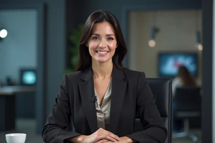 Journaliste française professionnelle assise à un bureau de plateau télévision, illustrant la carrière de Margot Haddad