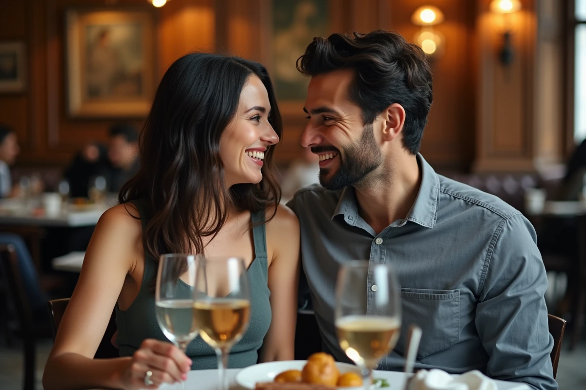 Couple complice attablé dans une brasserie parisienne, illustrant la vie de couple et l'aspect privé de Margot Haddad