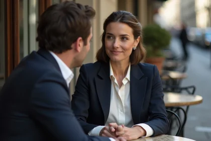 Couple élégant en conversation intime à une terrasse de café parisien, illustrant une relation discrète et complice
