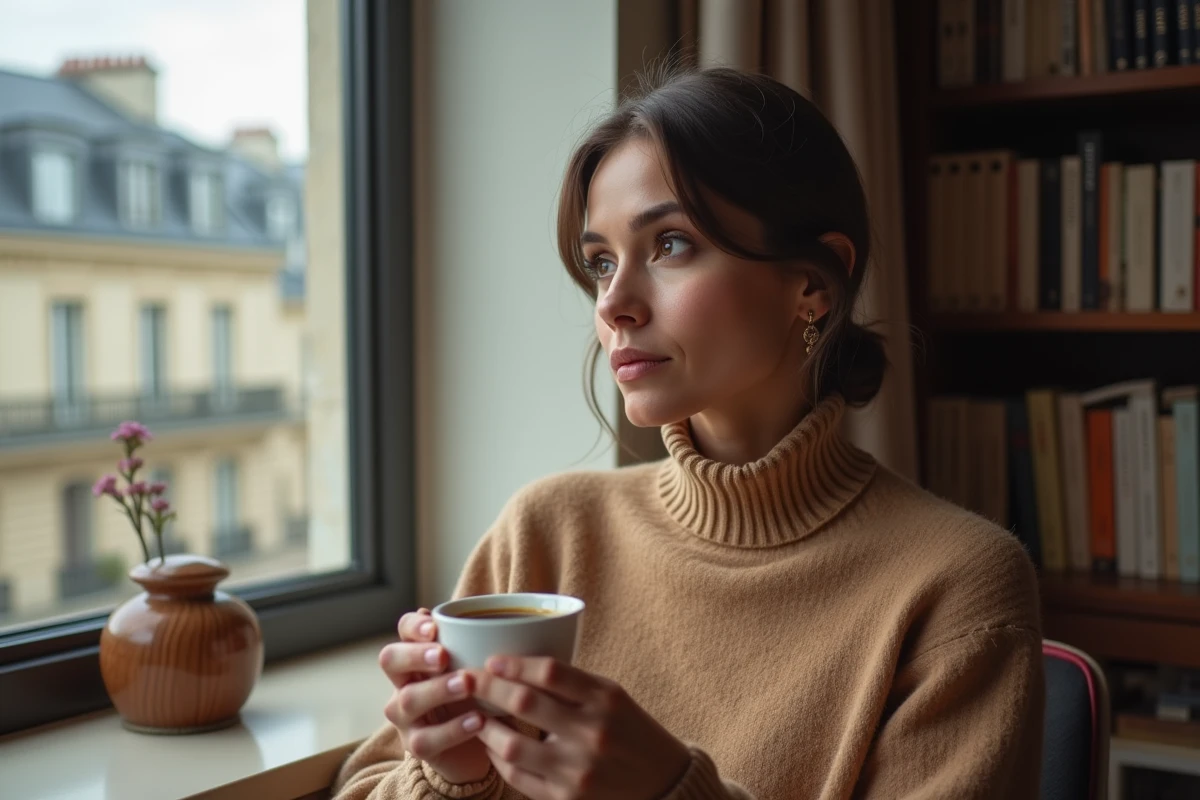 Femme élégante et pensive dans un intérieur parisien raffiné, illustrant la discrétion et l'intimité d'une relation amoureuse