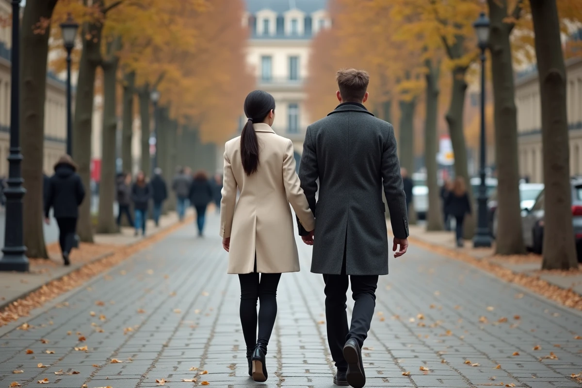 Couple chic se promenant sur un boulevard parisien en automne, évoquant une relation amoureuse discrète et élégante