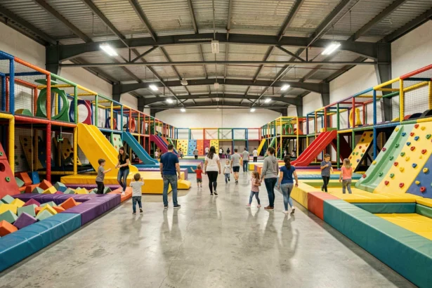 Vue panoramique d'une aire de jeux couverte dans les Pays de la Loire avec structures colorées et familles