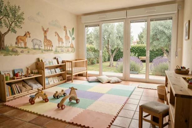 Intérieur chaleureux d'une micro-crèche en Occitanie avec des jouets en bois, des tapis colorés et de grandes fenêtres donnant sur un jardin méditerranéen