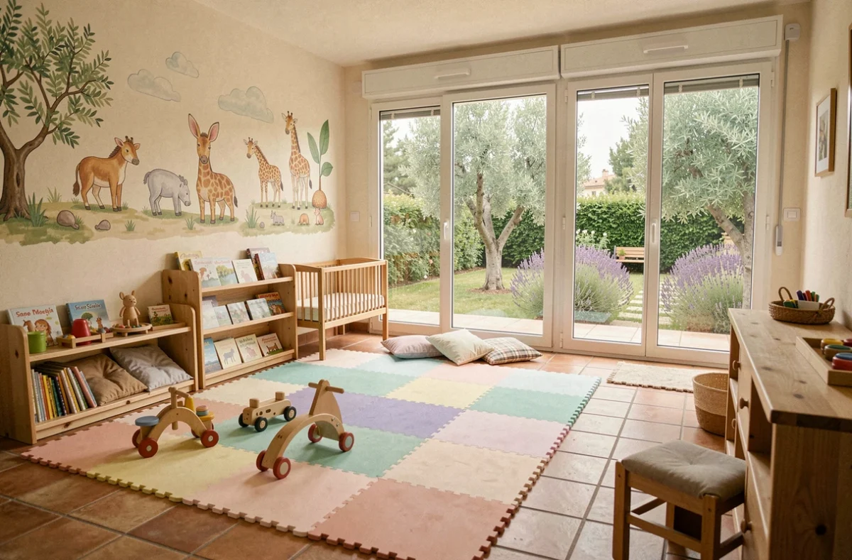 Intérieur chaleureux d'une micro-crèche en Occitanie avec des jouets en bois, des tapis colorés et de grandes fenêtres donnant sur un jardin méditerranéen