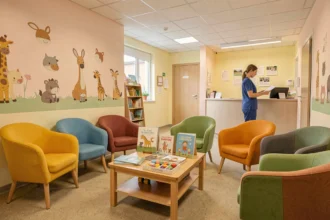 Salle d'attente d'un cabinet pédiatrique accueillant dans le Val-d'Oise, avec mobilier coloré adapté aux enfants et personnel soignant en arrière-plan