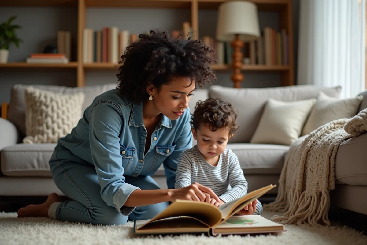 Mère lisant un livre illustré avec son enfant dans un salon douillet, représentant le lien fort de l'amour maternel inconditionnel