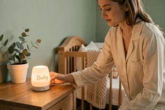 Mère installant une veilleuse bébé personnalisée gravée d'un prénom sur une table de nuit en bois dans une chambre de bébé décorée en vert sauge