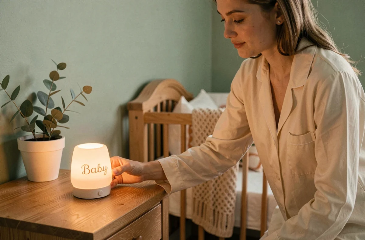 Mère installant une veilleuse bébé personnalisée gravée d'un prénom sur une table de nuit en bois dans une chambre de bébé décorée en vert sauge