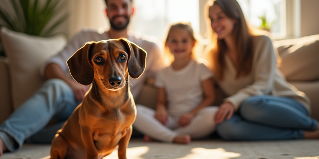 Merle dachshund assis dans le salon en famille