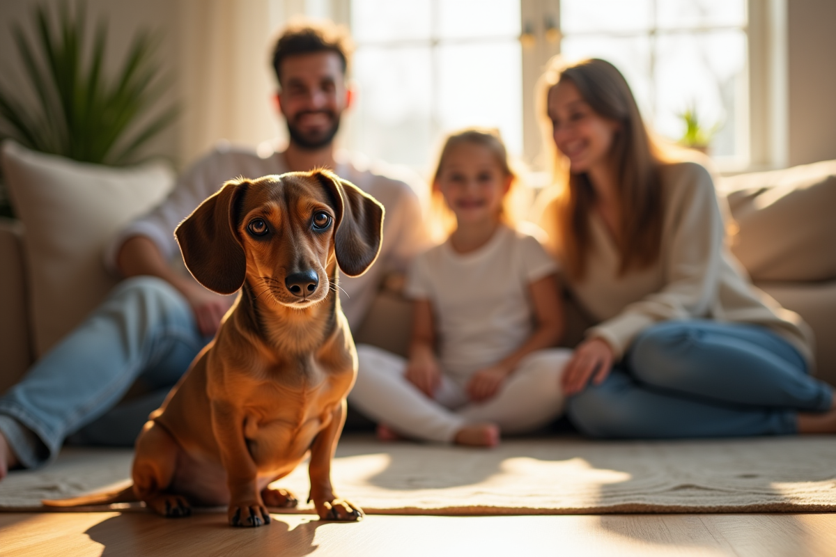 Merle dachshund assis dans le salon en famille