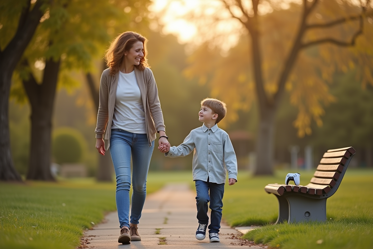 Mère et fils souriants marchant dans un parc en plein jour