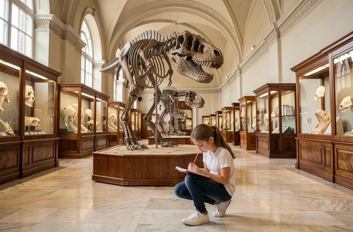Enfant dessinant un squelette de dinosaure au Muséum d'Histoire Naturelle de Marseille