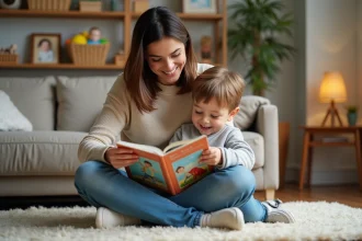Jeune fille nounou lisant un livre à un enfant dans un salon chaleureux