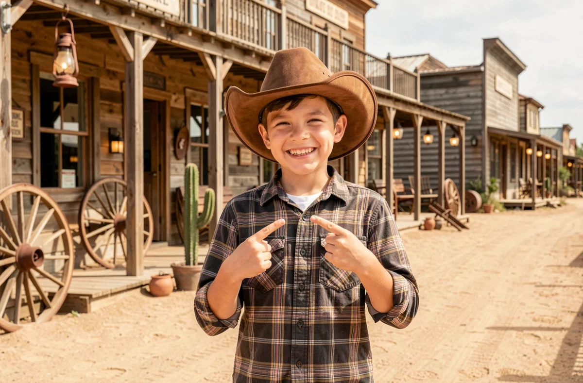 Enfant déguisé en cow-boy dans la rue western du parc OK Corral à Cuges-les-Pins