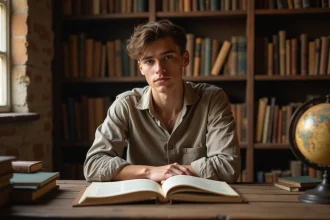Jeune adulte consultant des livres d'étymologie sur l'origine du prénom Sacha dans une bibliothèque chaleureuse