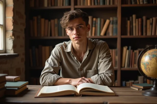 Jeune adulte consultant des livres d'étymologie sur l'origine du prénom Sacha dans une bibliothèque chaleureuse