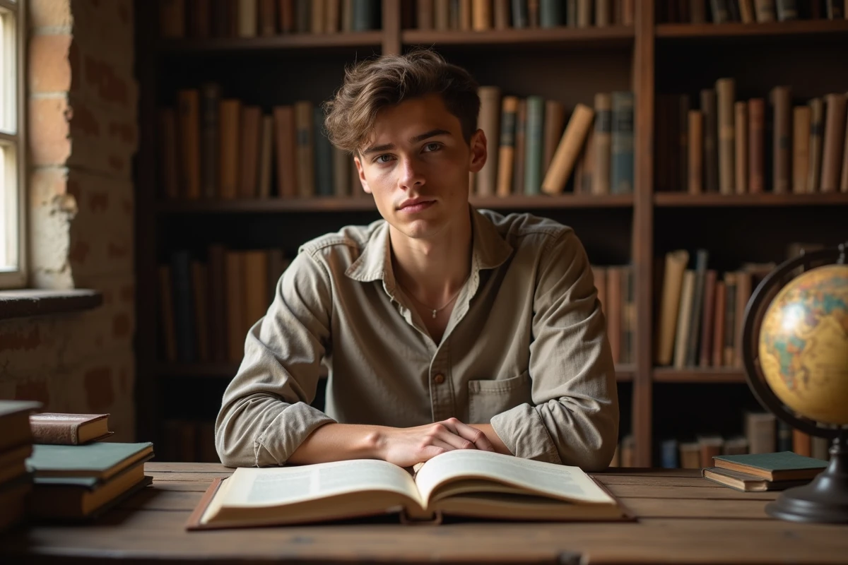 Jeune adulte consultant des livres d'étymologie sur l'origine du prénom Sacha dans une bibliothèque chaleureuse