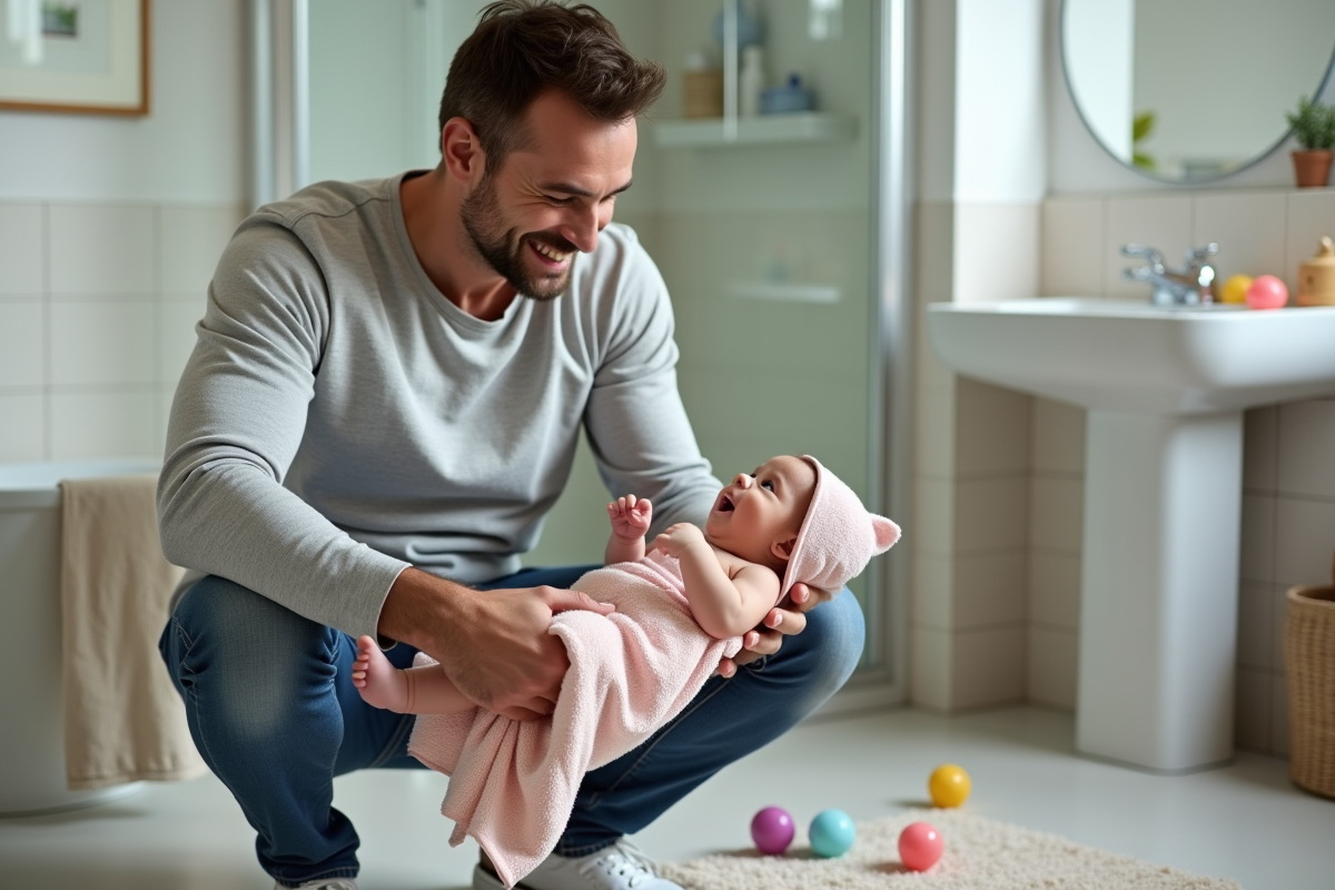 Pere souriant essuie la jambe de sa fille dans la salle de bain