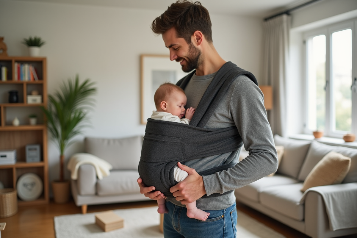Père détendu portant sa fille dans un porte-bébé en intérieur